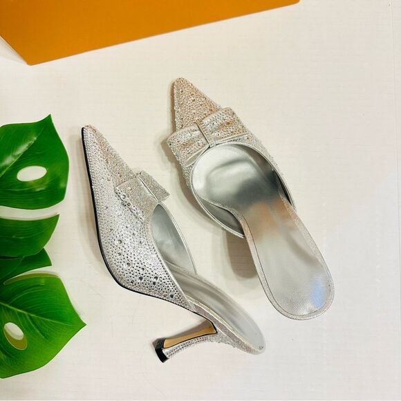 Rhinestones Crystals Heeled Mules With Bow Slip On Dress Shoes Womens Sz 6 NEW - Picture 3 of 16